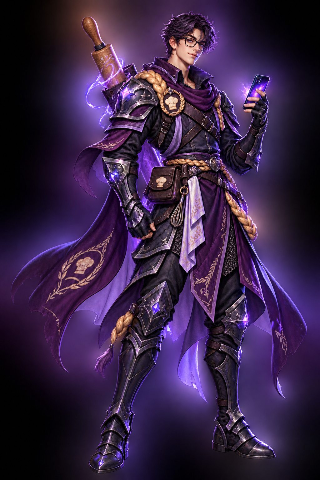 Mason wearing his purple and charcoal pastry-knight costume while holding his trusty cellphone